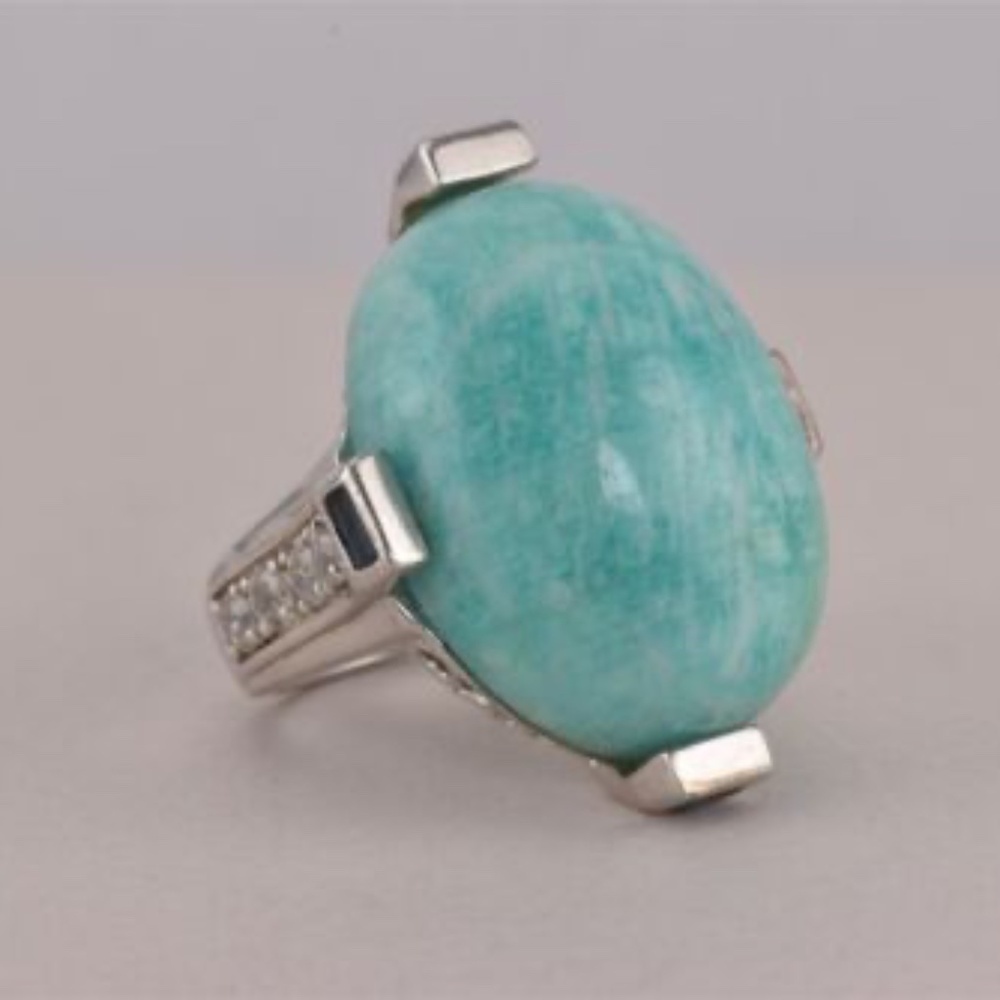 Sterling silver amazonite white sapphire statement ring, size 7, preloved